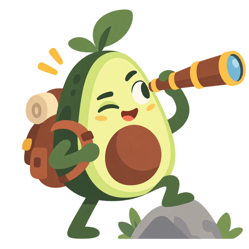 Die teachacado-Avocado mit Fernrohr und Rucksack.